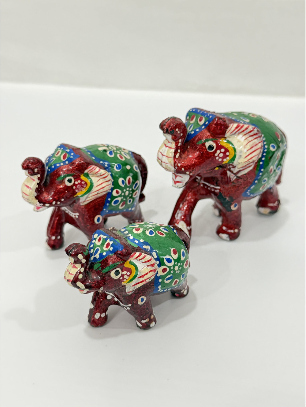 Hand-Painted Wooden Elephant Figurines Set of 3, Red & Green Decor